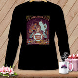 Black long sleeve shirt with a fortune teller graphic and 