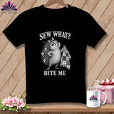 A black t-shirt features a graphic of a hedgehog holding a quilt with text reading SEW WHAT? BITE ME.