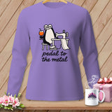 Purple long-sleeve shirt with cartoon penguin sewing and text 