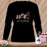 Black long-sleeve shirt with cartoon ghosts holding sewing supplies and 