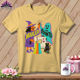 Yellow t-shirt with witch, ghost, sewing machine, cat, and text 