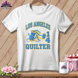 A white crewneck t-shirt featuring a blue and yellow graphic with text reading 