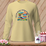Long sleeve shirt with colorful sewing machine graphic and text 