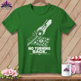 Green t-shirt with white graphic of rotary cutter and fabric, saying 