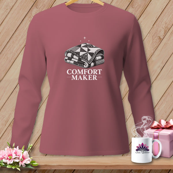 Maroon long-sleeve shirt with folded quilt graphic and "COMFORT MAKER" text.