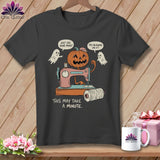 Halloween pumpkin and ghosts using a sewing machine, with text.