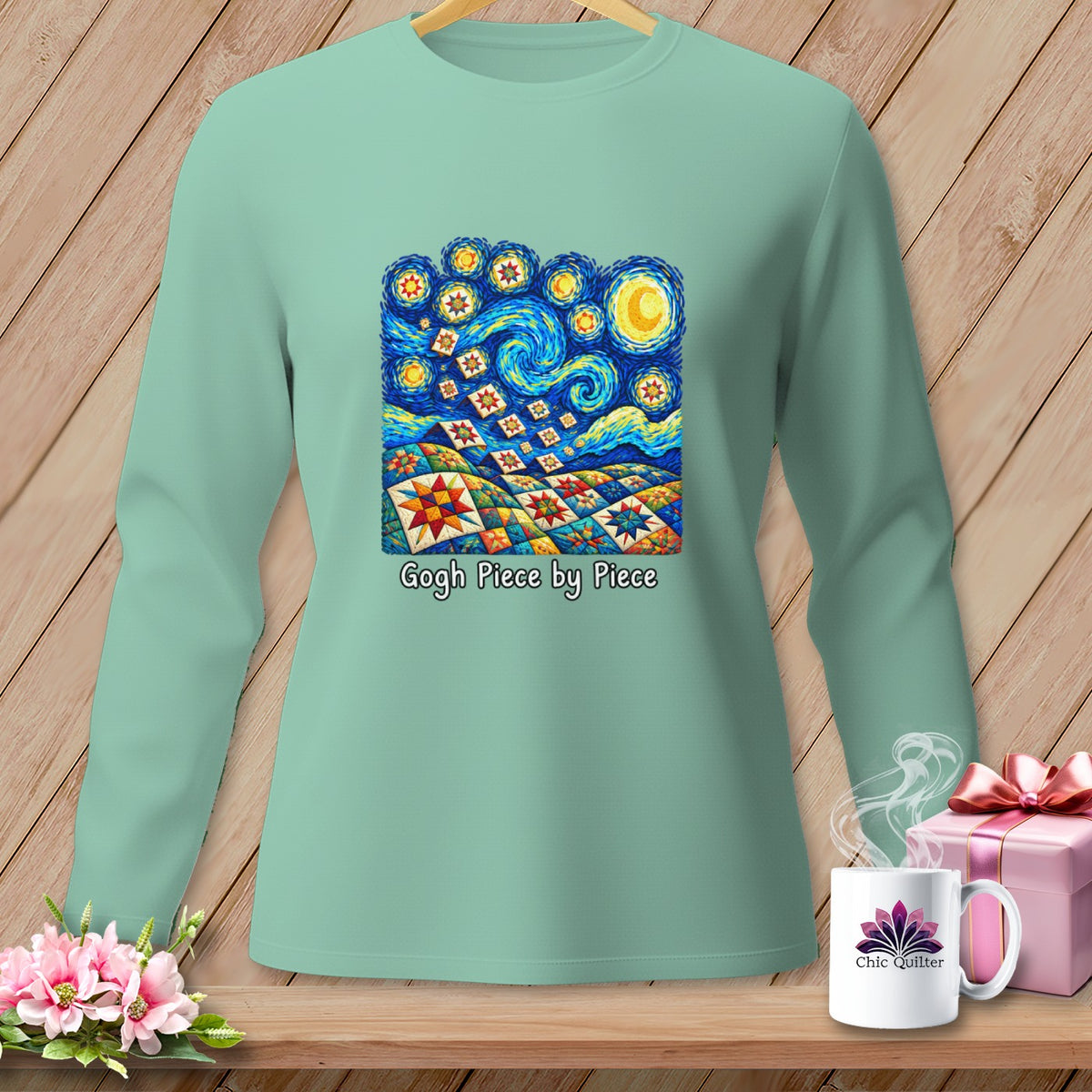 Mint long sleeve shirt with "Gogh Piece by Piece" Van Gogh quilt design.