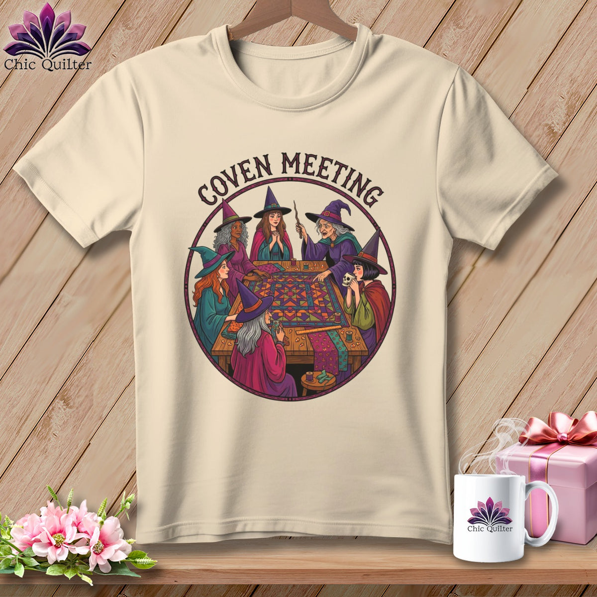 Witches in hats gathered around a table quilting, with "Coven Meeting" text.