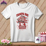 White t-shirt featuring a red and grey graphic of a pirate ship and text reading Tampa Bay 1/4 Stitch Squad.