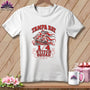 White t-shirt featuring a red and grey graphic of a pirate ship and text reading Tampa Bay 1/4 Stitch Squad.