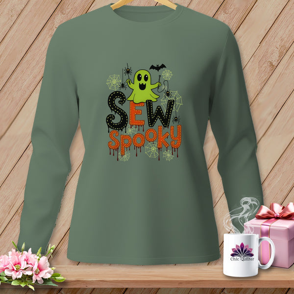 Green long-sleeve shirt with "SEW SPOOKY" text and Halloween graphics.