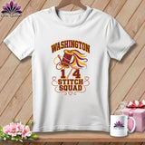 A white crewneck t-shirt featuring a quilting-themed graphic with the text WASHINGTON 1/4 STITCH SQUAD.
