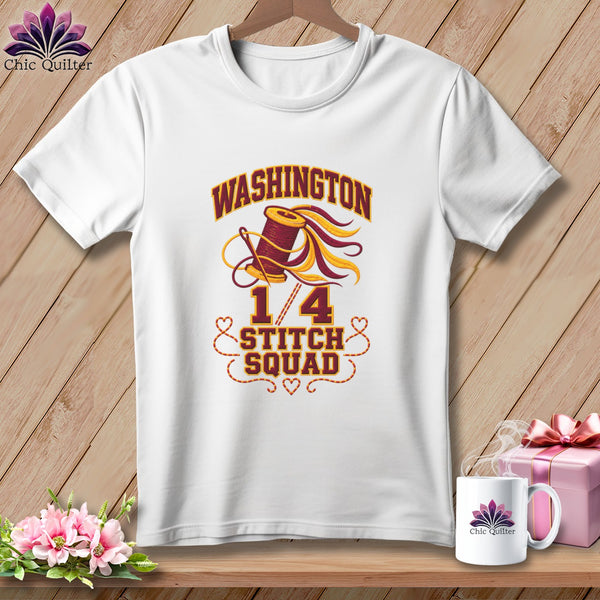 A white crewneck t-shirt featuring a quilting-themed graphic with the text WASHINGTON 1/4 STITCH SQUAD.