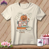 Jack-o'-lantern sewing machine with ghosts and text 