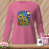 Pink long-sleeve shirt with sunflowers, sewing notions, and 
