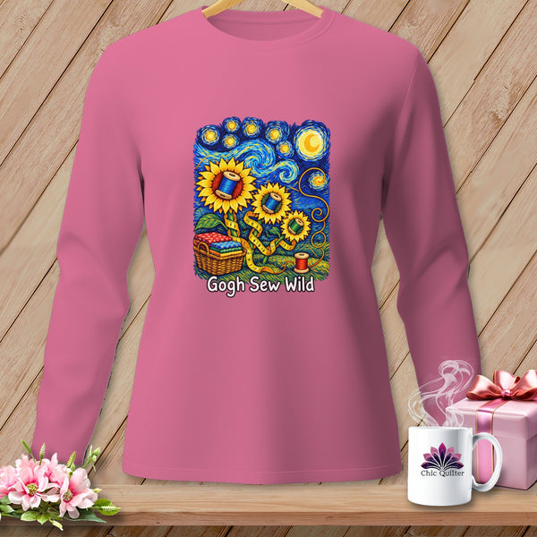 Pink long-sleeve shirt with sunflowers, sewing notions, and "Gogh Sew Wild" text.