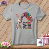 Gray t-shirt with cartoon bunny and text 