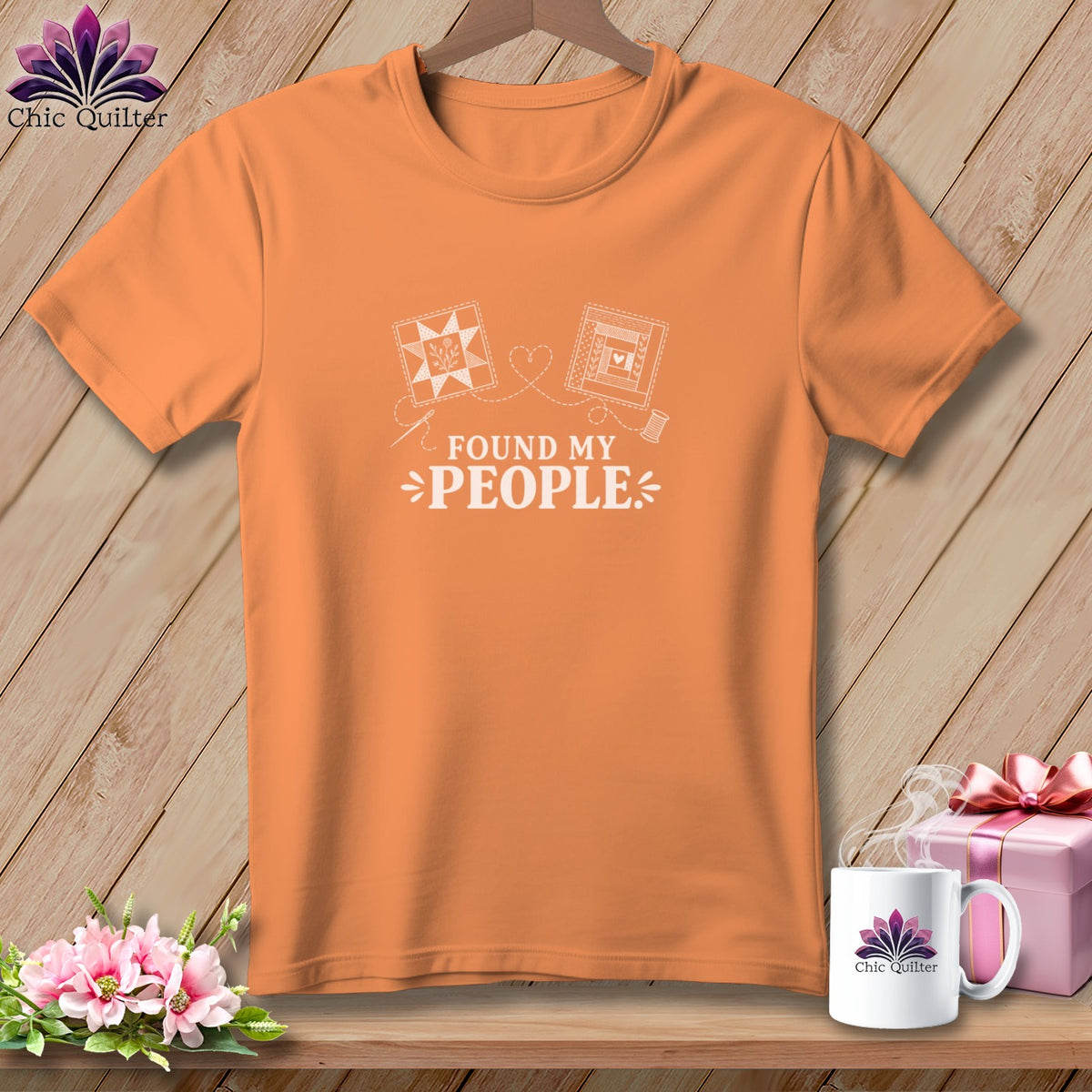 Orange t-shirt with "Found My People" text and quilt block graphics.