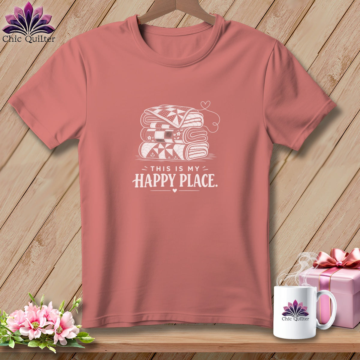 T-shirt with stacked quilts and "This is my happy place" text.