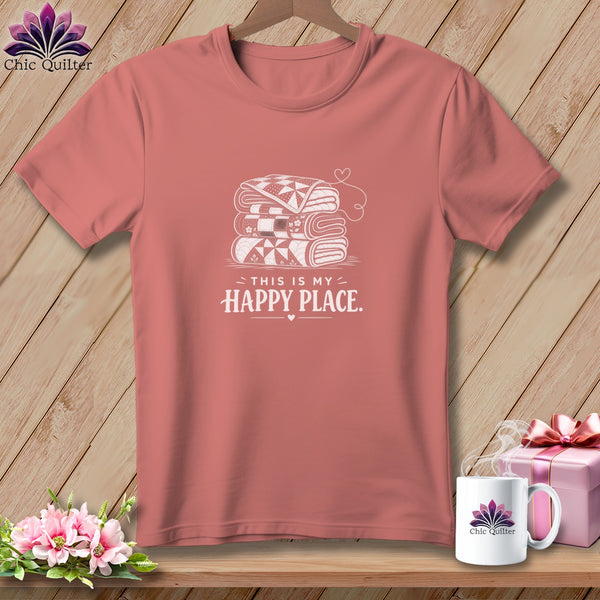 T-shirt with stacked quilts and "This is my happy place" text.