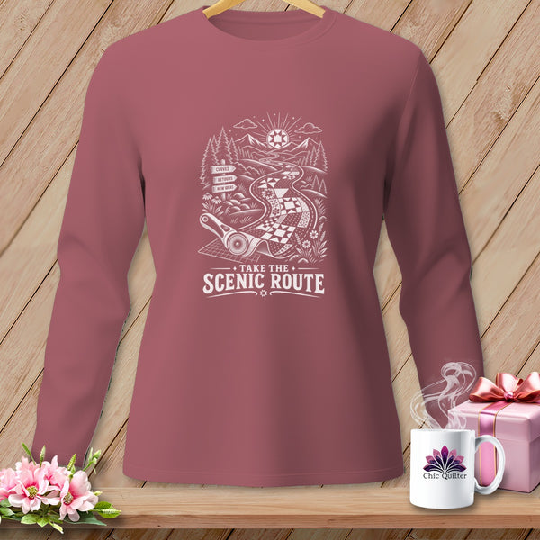 Long-sleeved shirt with a "Take the Scenic Route" graphic featuring a quilt road.