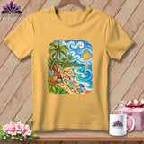 Gold crewneck t-shirt featuring a colorful beach landscape graphic with palm trees, a lounge chair, and swirling ocean waves.