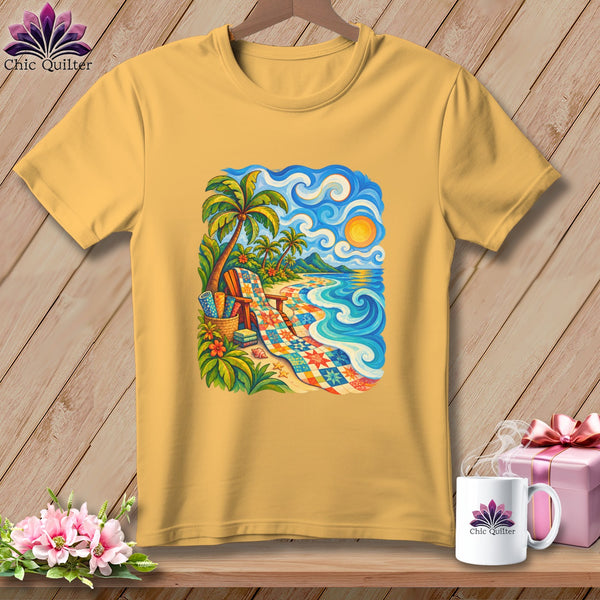 Gold crewneck t-shirt featuring a colorful beach landscape graphic with palm trees, a lounge chair, and swirling ocean waves.