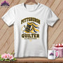 White t-shirt featuring a Pittsburgh Quilter graphic with a spool of thread, needle, and text.