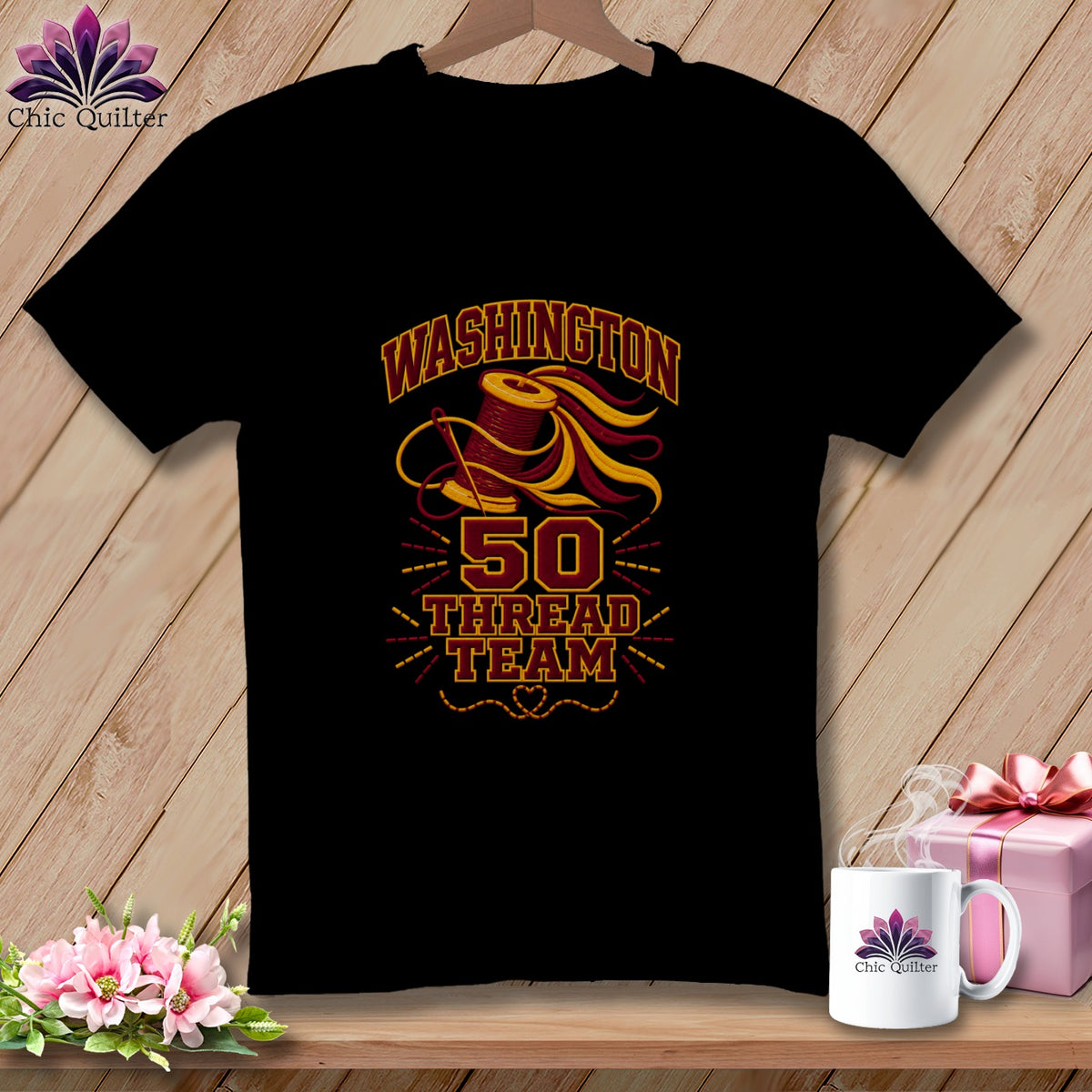 Black t-shirt featuring Washington 50 Thread Team graphic with spools of thread and needles.