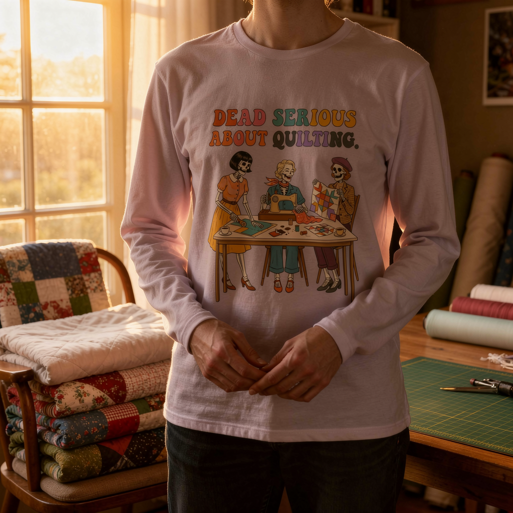 lifestyle scene ~ Dead Serious About Quilting. ~ Long Sleeve Tee