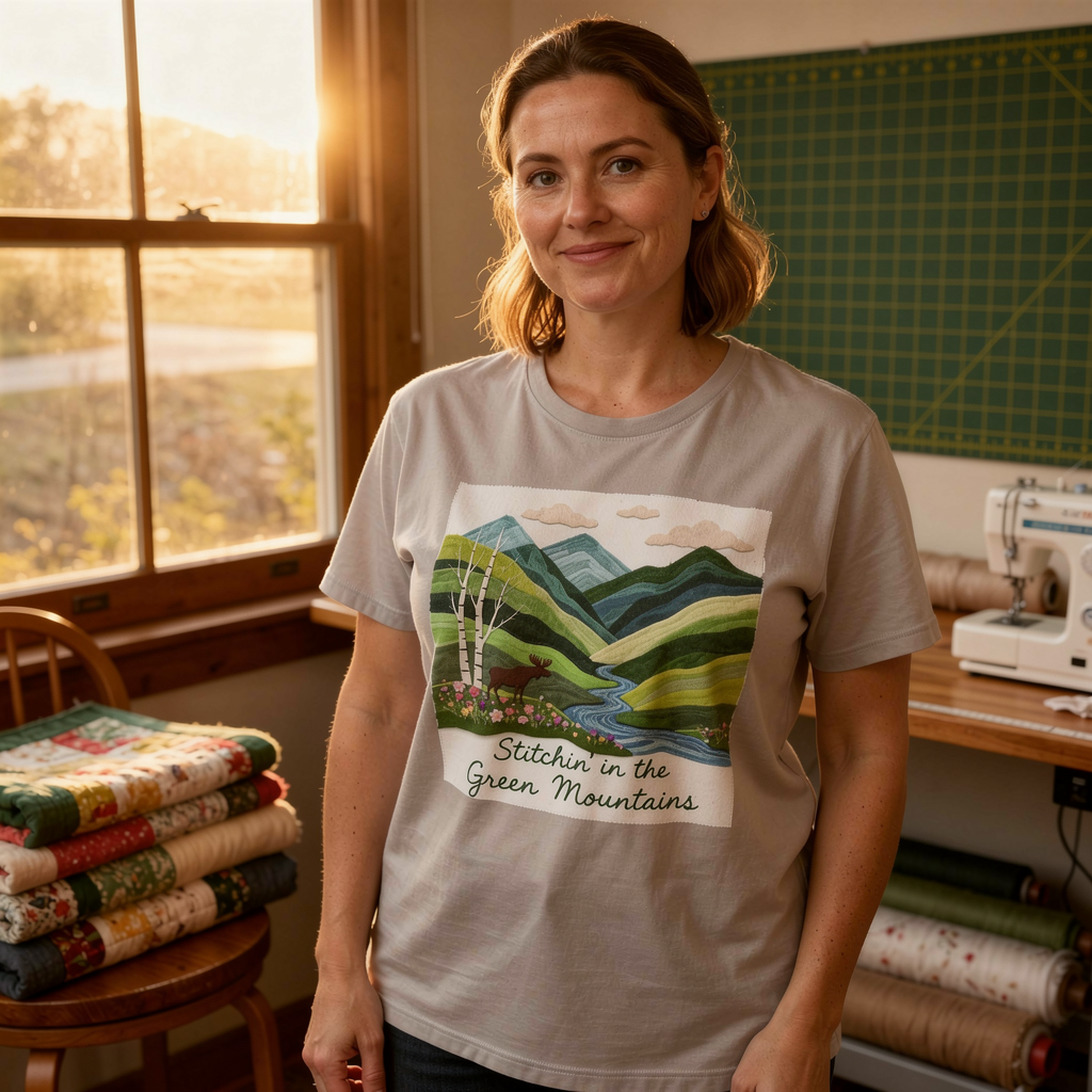 lifestyle scene ~ Green Mountains, Stitchin' In ~ Women's Fit Tee