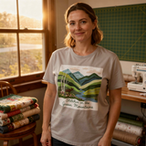 lifestyle scene ~ Green Mountains, Stitchin' In ~ Women's Fit Tee