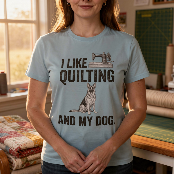 lifestyle scene ~ I Like Quilting and My German Shepard ~ Comfort Color Premium Tee