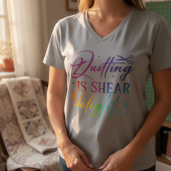 lifestyle scene ~ Quilting is Shear Delight ~ V-Neck Tee
