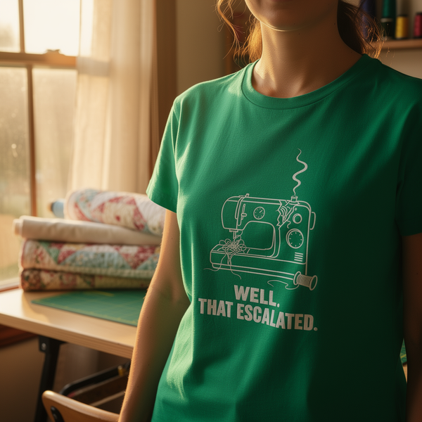 lifestyle scene ~ Well That Escalated: Steaming Sewing Machine ~ Comfort Colors Premium Tee