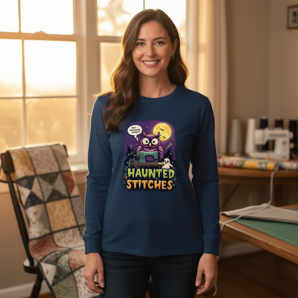 lifestyle scene ~ Haunted Stitches ~ Comfort Color Premium Long Sleeve Tee
