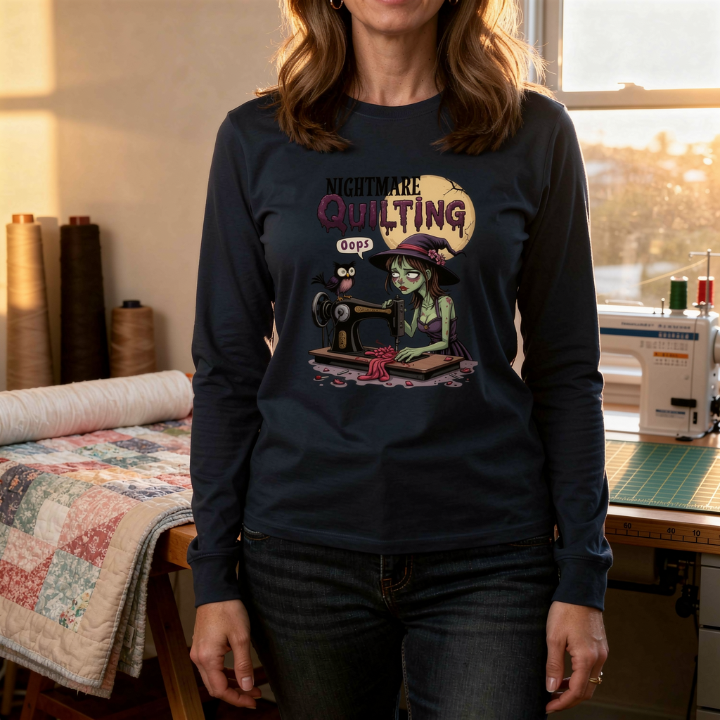 lifestyle scene ~ Nightmare Quilting ~ Comfort Color Premium Long Sleeve Tee