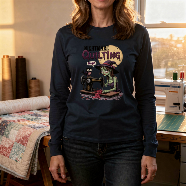 lifestyle scene ~ Nightmare Quilting ~ Comfort Color Premium Long Sleeve Tee