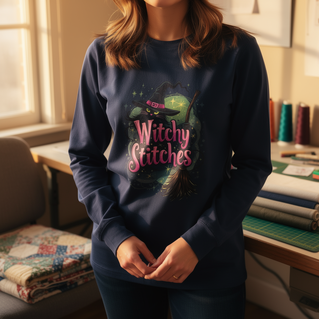 lifestyle scene ~ Witchy Stitches ~ Comfort Color Premium Long Sleeve Tee
