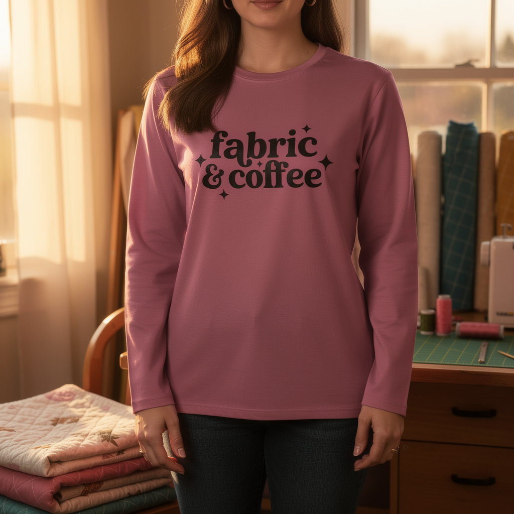 lifestyle scene ~ Fabric & Coffee ~ Comfort Colors Premium Long Sleeve Tee