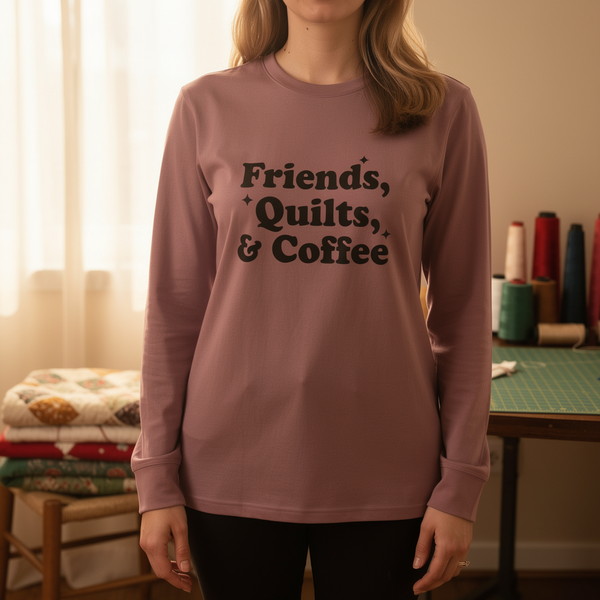 lifestyle scene ~ Friends, Quilts & Coffee ~ Comfort Colors Premium Long Sleeve Tee
