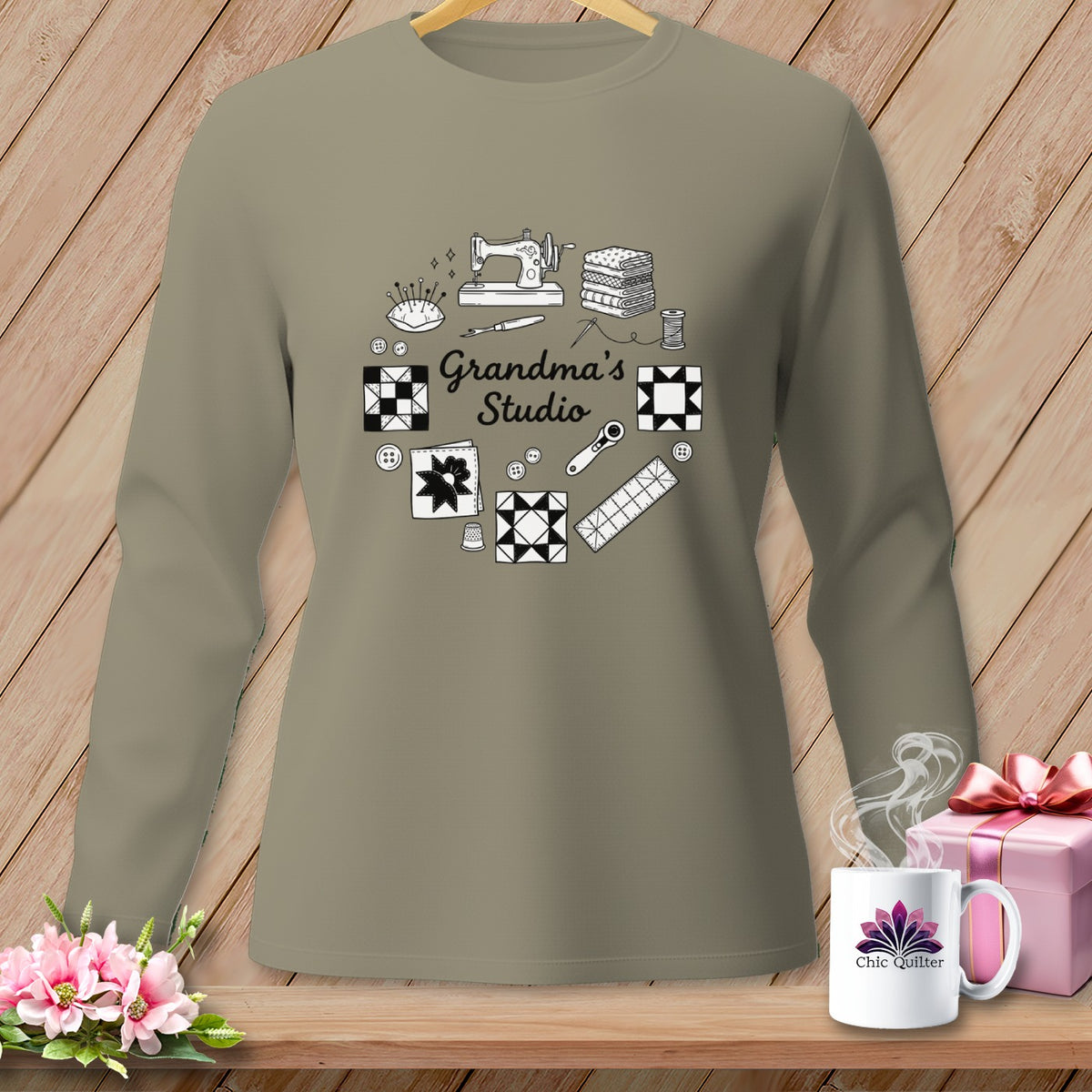 Long-sleeve shirt with "Grandma's Studio" and sewing motifs.