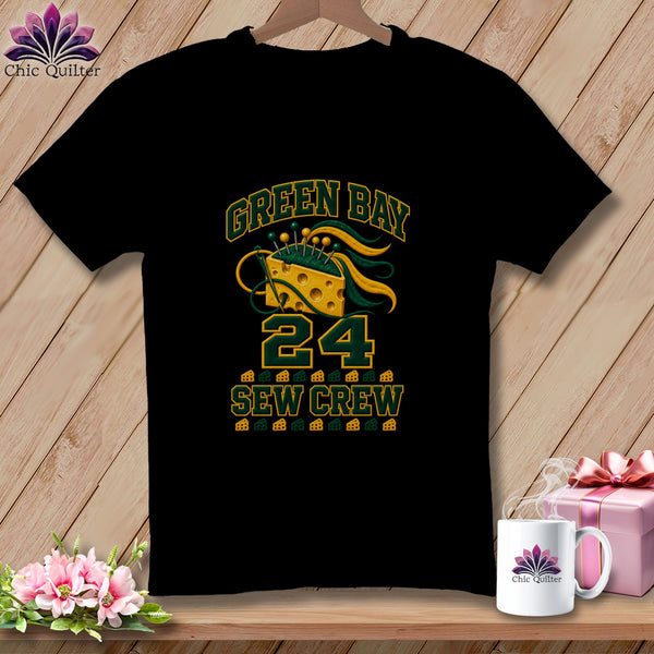Black t-shirt featuring Green Bay Sew Crew text, cheese wedge pincushion, and the number 24.