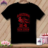 A black short-sleeved t-shirt featuring a red cardinal graphic, the text 