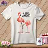 White t-shirt with two pink flamingos and text 