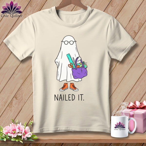 Ghost with glasses carrying craft supplies and wearing orange sneakers, text "NAILED IT."