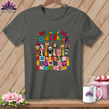 Dark gray t-shirt with a cartoon graphic of farm animals behind a colorful quilt and the text Did Somebody Say Quilt Show.
