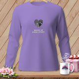 Lavender long-sleeved shirt with patchwork heart graphic and text 