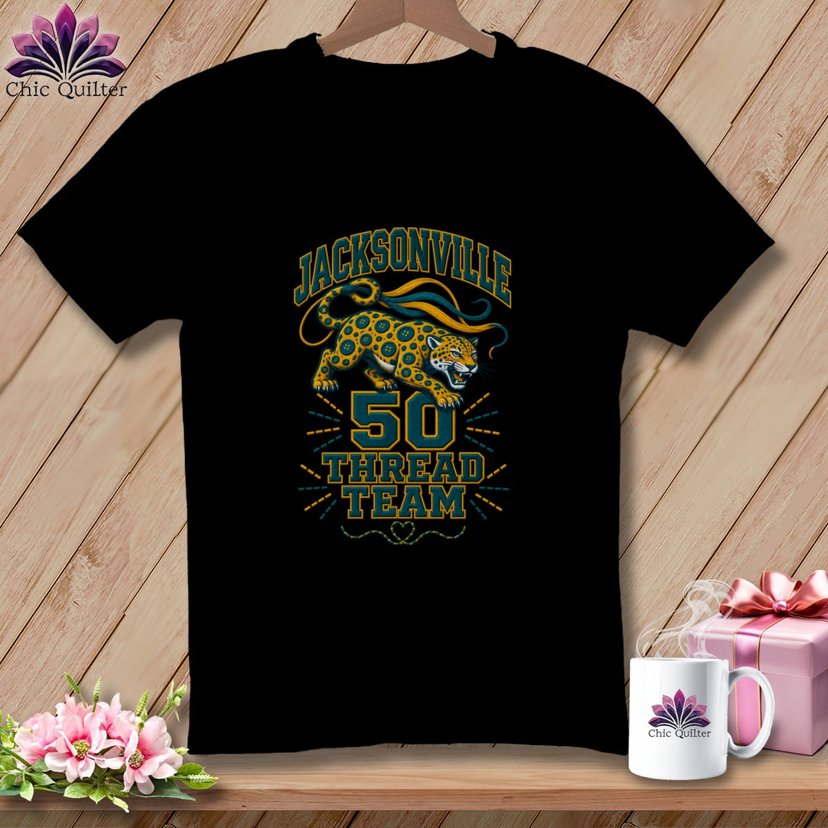 A black t-shirt featuring a Jacksonville jaguar graphic with the text 50 thread team.