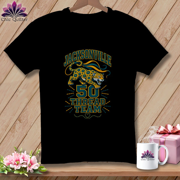 A black t-shirt featuring a Jacksonville jaguar graphic with the text 50 thread team.